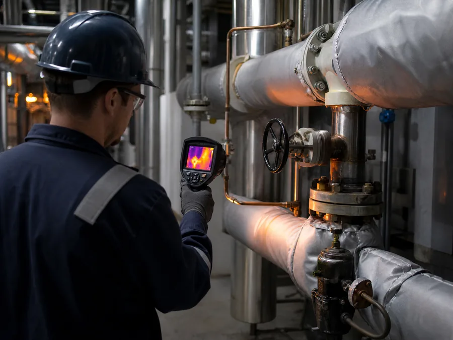 Industrial technician using an infrared camera to inspect steam piping